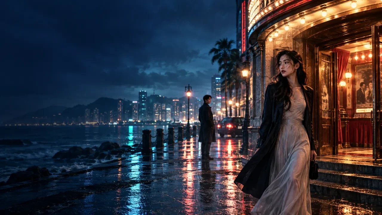 雨夜的城市影院前，一位年轻女性走向街道